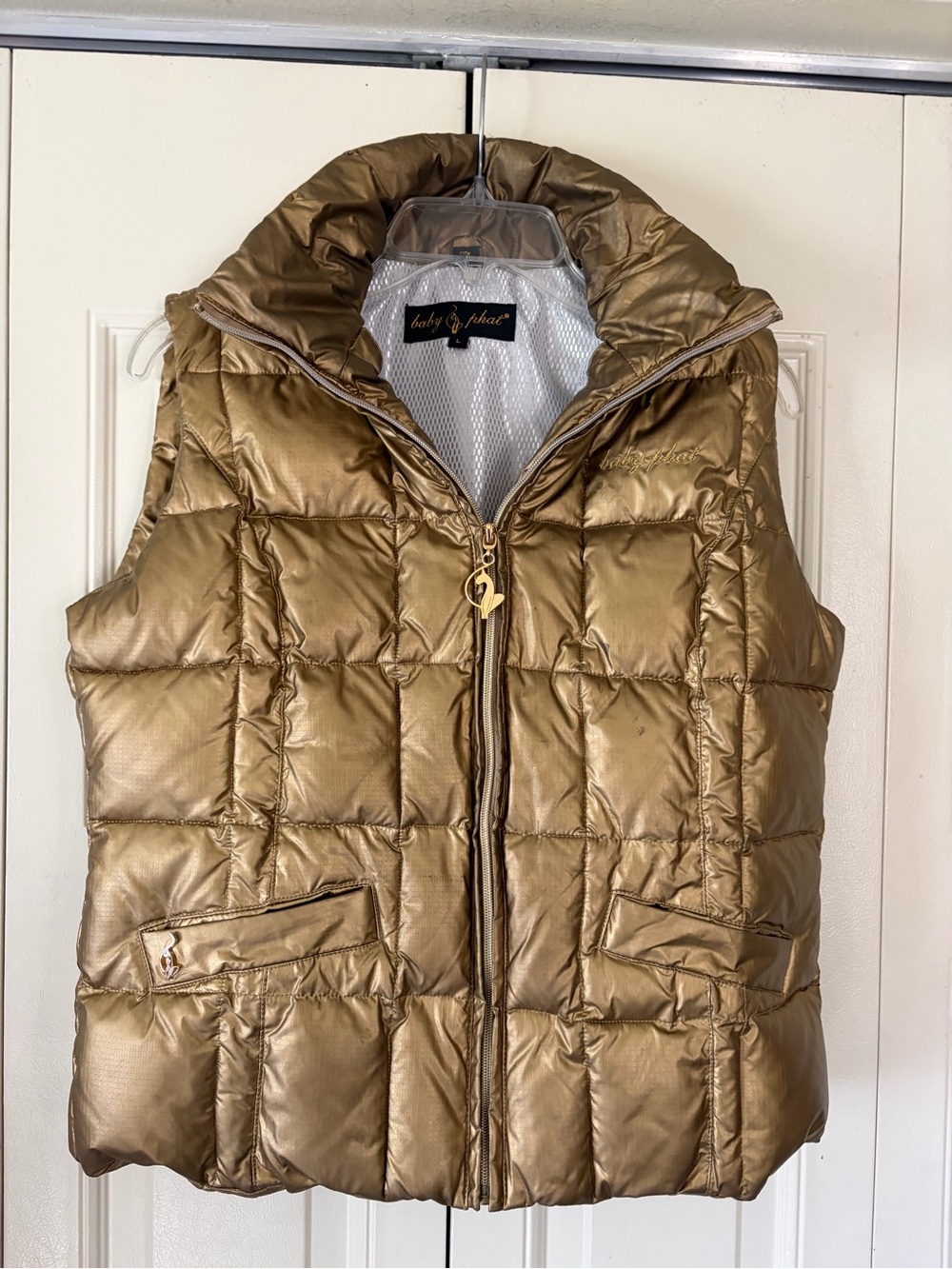Y2K Baby Phat Gold Glam Maximalist Puffer Vest LARGE Festive Bold Statement Flaw